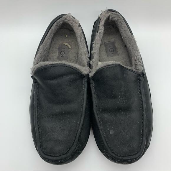 UGG Ascot Leather Shearling Lined Slippers In Black Marble Size 11 Lounge Comfy - Picture 5 of 13